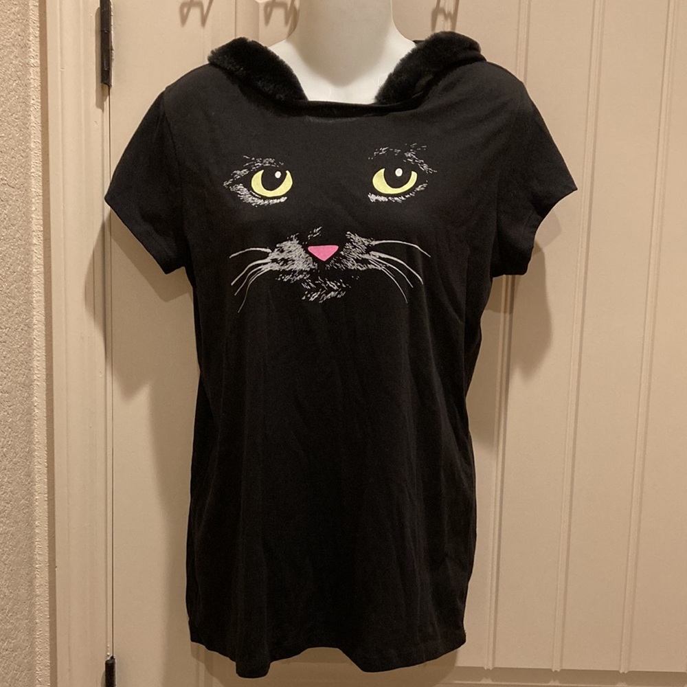 Wound Up Black Cat Face Tshirt Sz L Eyes Glow Faux Fur Trimmed Hood Sequin Ears
